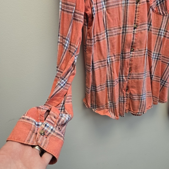 Maurices Large Pink Plaid Acid Wash Button Shirt - Picture 3 of 6